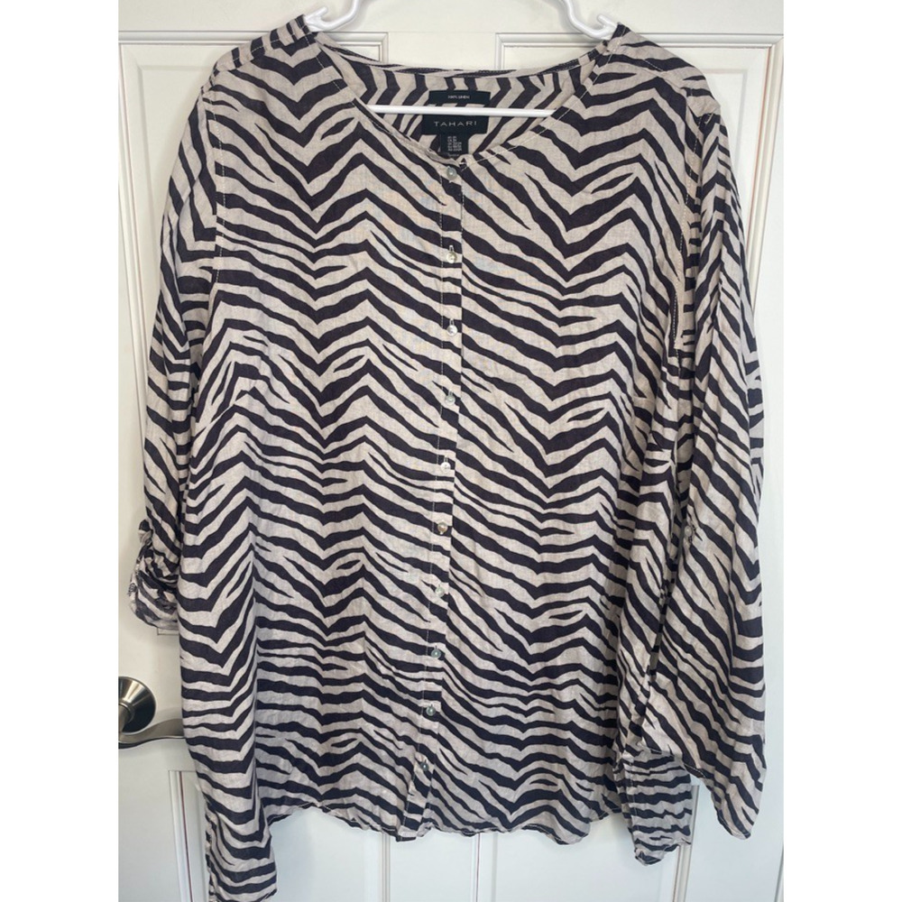 Tahari Women's 100% Linen Button-Down Tunic Shirt Sz 2X Roll Up Slv Zebra